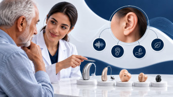 أخصائية سمعيات تساعد مريض يختار نوع سماعة الأذن الطبية المناسب